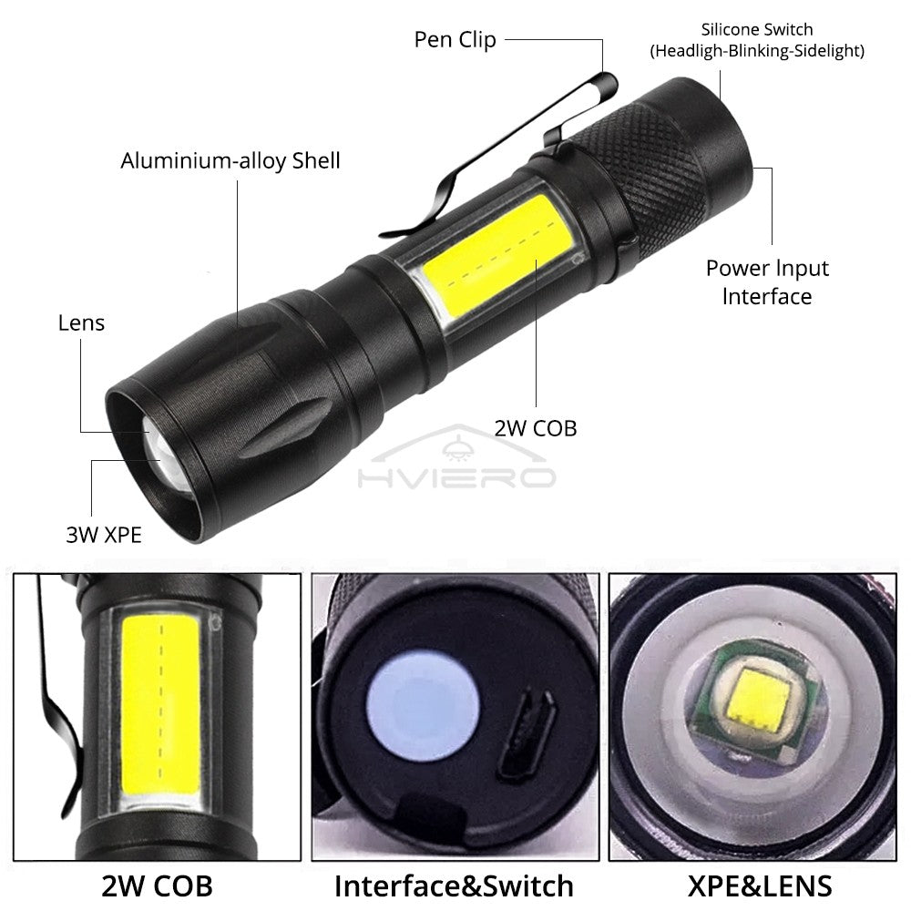 Flashlight Battery Charge Mini Led 3W Focus Adjustable Side Lamp Convenient Waterproof T6 Light Ultra Bright For Camping Hiking