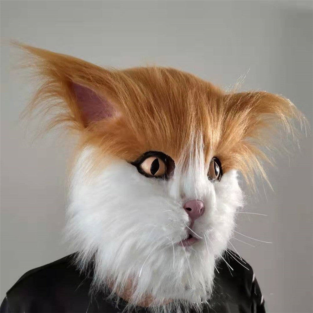 Latex with Fur Black Cat Cosplay Mask Scary Helmet Animal Funny Costume Hood Hair Mask Headwear Adult Halloween Party Props