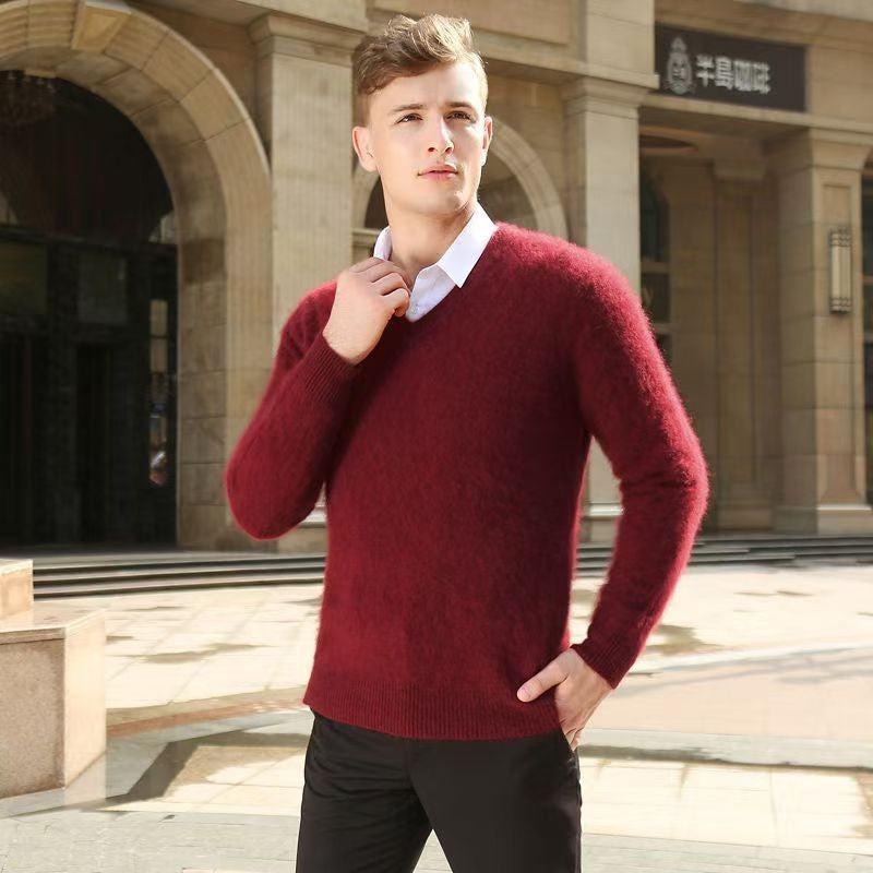 Autumn And Winter New Warm Pure Mink Cashmere Sweater Men's V-neck Pullover Thickened Plus Size Knitted Bottoming Shirt