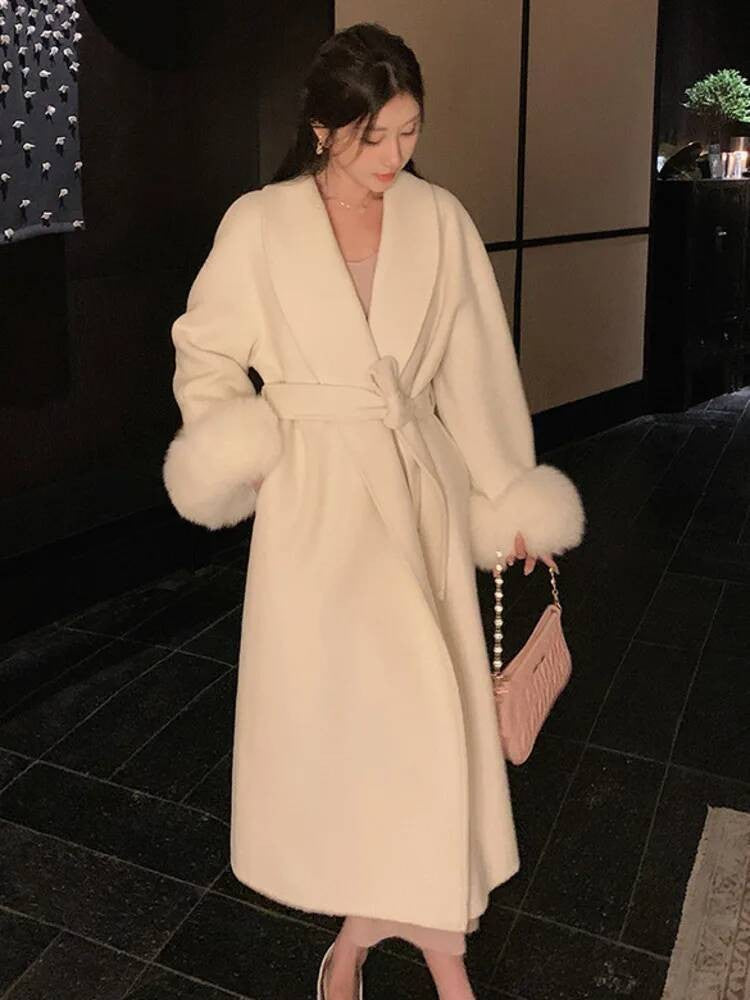 [EWQ] Wool Fox Fur Sleeve Women Coat Elegant Clothing Autumn 2025 Winter Double-sided Jacket Big Size Wine Red Overcoats 16O2751