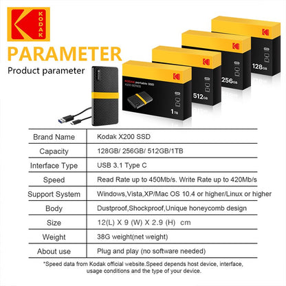 KODAK USB3.1 GEN2 SSD 1TB Disco Rígido Externo 128GB 256GB 512GB 1TB Mini PSSD de estado sólido para PCs laptops disco duro externo
