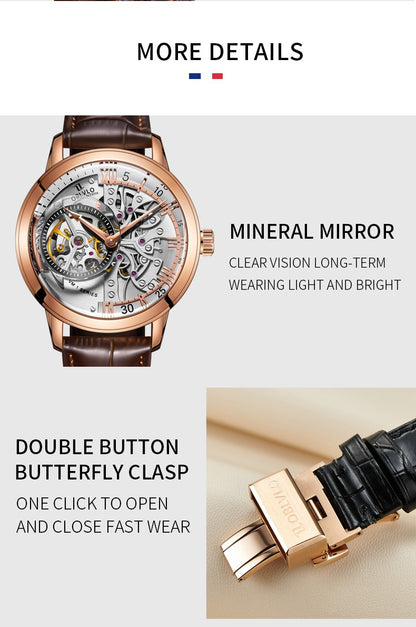 OBLVLO Luxury Retro Casual Men Skeleton Automatic Watches Mechanical Calfskin Strap Mineral Crystal Glass Waterproof Dial 45 VM