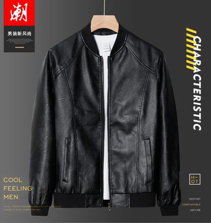 Men PU Leather Jacket Men Coats Windproof Motorcycle Autumn Stand Collar Travel Black Zipper Winter Business Zipper Overcoat