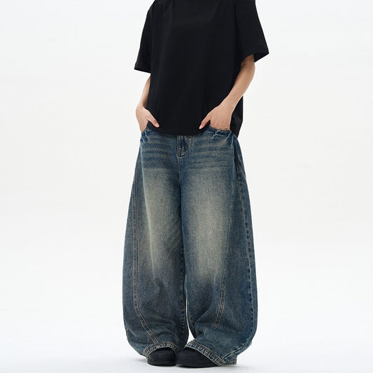 2025 Spring New Men's Jeans Oversized Wide Leg Pants Loose Vintage Patchwork Lightning Cracked Denim Trousers Streetwear Male