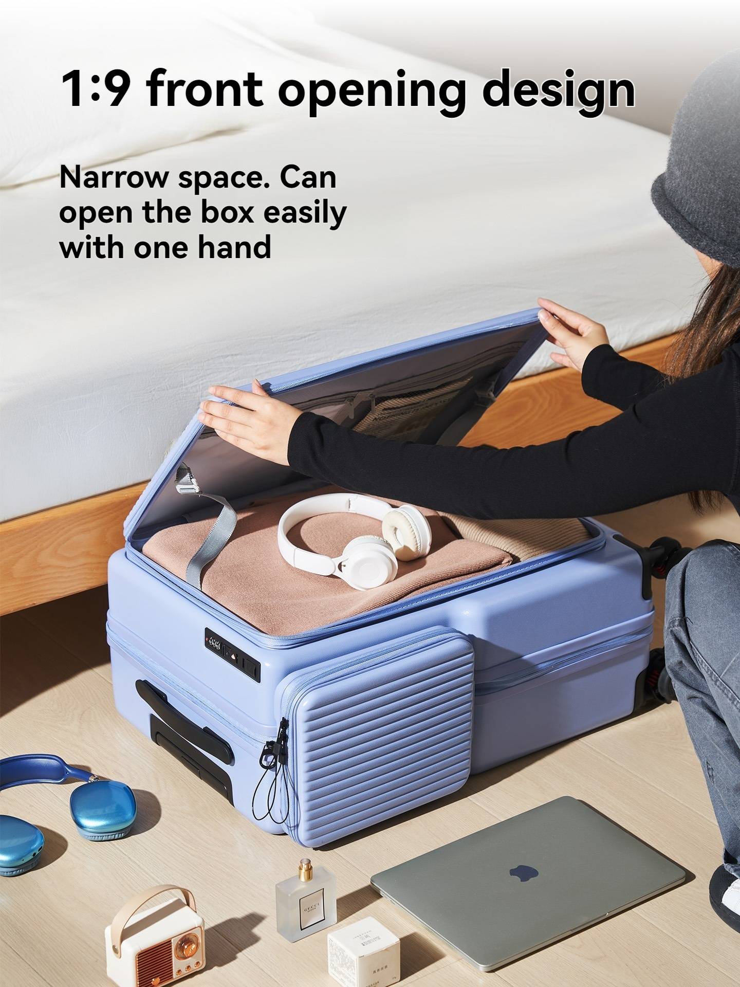 Nova Bagagem com Abertura Frontal de Grande Capacidade, Expansível, Porta-Copos, Carregamento USB, Alça Telescópica e Rodas Universais