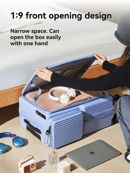 Nova Bagagem com Abertura Frontal de Grande Capacidade, Expansível, Porta-Copos, Carregamento USB, Alça Telescópica e Rodas Universais