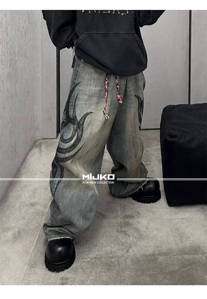MIJKO New Retro Dragon Pattern Totem Print Bamboo Baggy Drawstring Washed Jeans For Men Women Denim Pants ZJ083