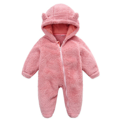 0-12M Baby Plush Warm Jumpsuits Boys Girls Long Sleeve Hooded Zipper Romper Newborn Infant Fall Winter Clothes