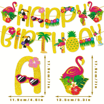 Hawaiian Tropical Happy Birthday Banner, Flamingo Pineapple Palm Tree Party Decoration for Summer Luau