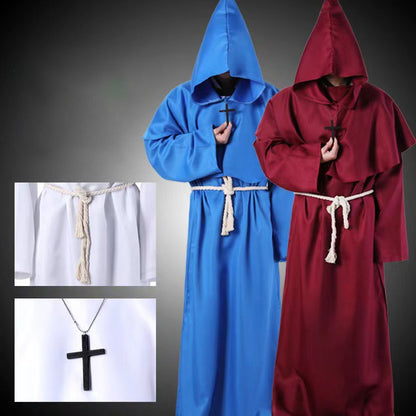 Medieval Monk Cosplay Wizard Hooded Robe Steampunk Priest Horror Cloak For Men Unisex Mask Hat Costume Halloween Masquerade Cape