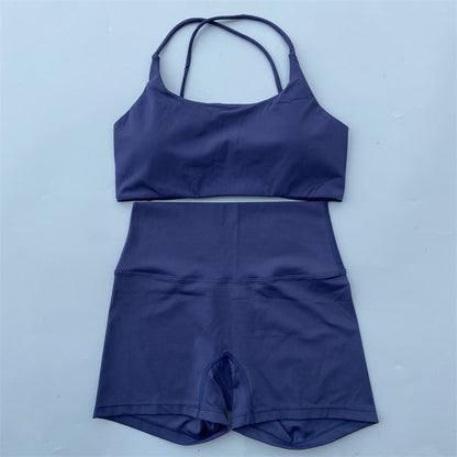 Yoga Shorts Set Gym Two Piece Sports Set Women Workout Outfit Fitness Suit Cross Straps Bra High Waist Shorts Running Tracksuit