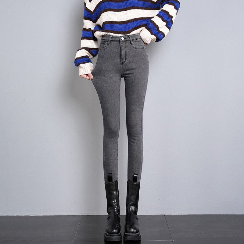 New Women Thermal Jeans Winter Snow Warm Plush Stretch Jeans Lady Skinny Thicken Students Denim Pants Fleece Mom Fur Trousers