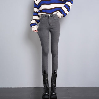 New Women Thermal Jeans Winter Snow Warm Plush Stretch Jeans Lady Skinny Thicken Students Denim Pants Fleece Mom Fur Trousers