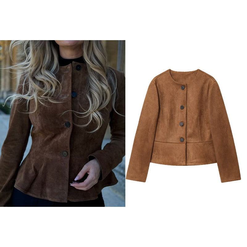 NERHEFZ Autumn Women Leather Jacket with Flared Hem Long Sleeve O Neck Button Jacket Causal Lady Coats Female Tops