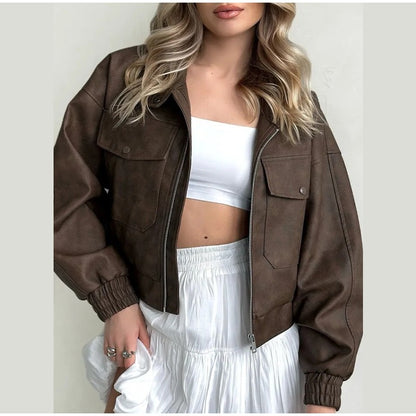 Full Sleeve Cropped Women Casual Slim Thin Motorcycle Coat Chic Zipper Lapel Wine Red Leather Jacket Lady New Highstreet Outwear