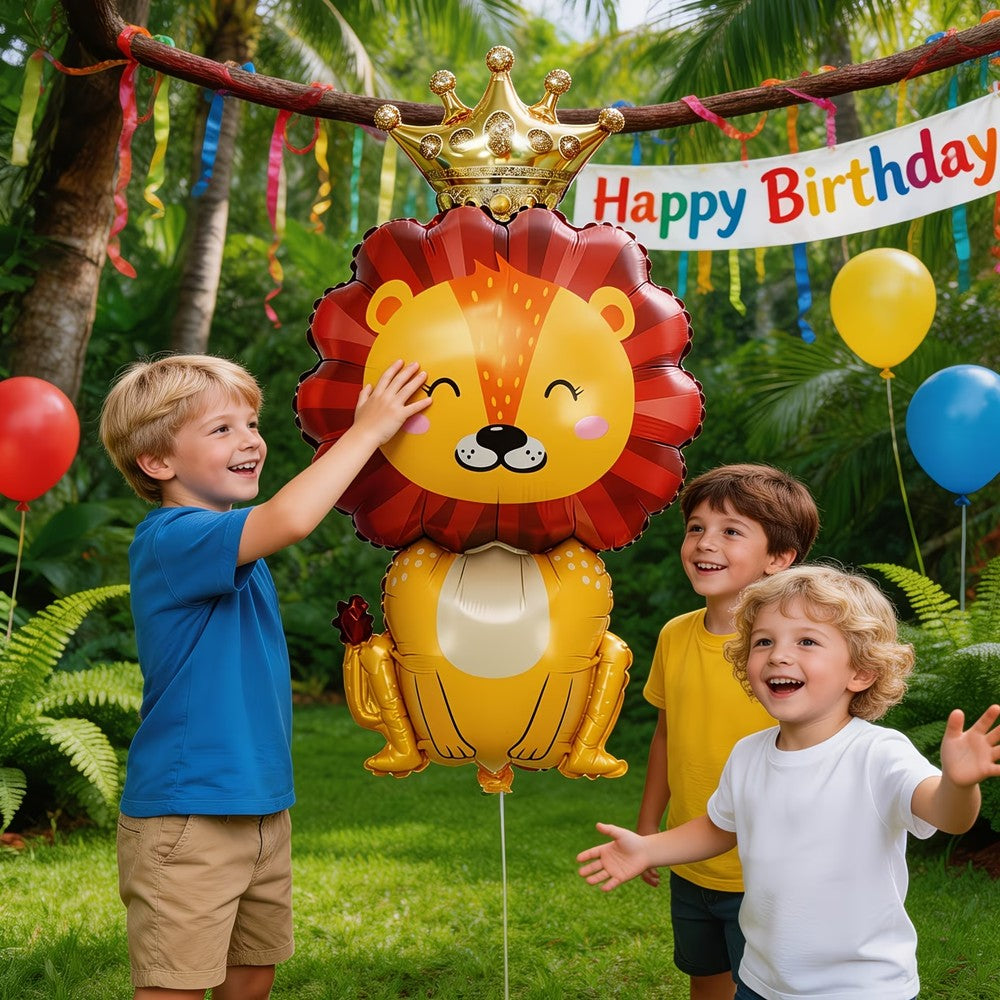 Cute Crown Little Lion King Foil Balloon, Cartoon Lion with Golden Crown Mylar Balloon for Jungle Safari Wild Animal Theme Birth