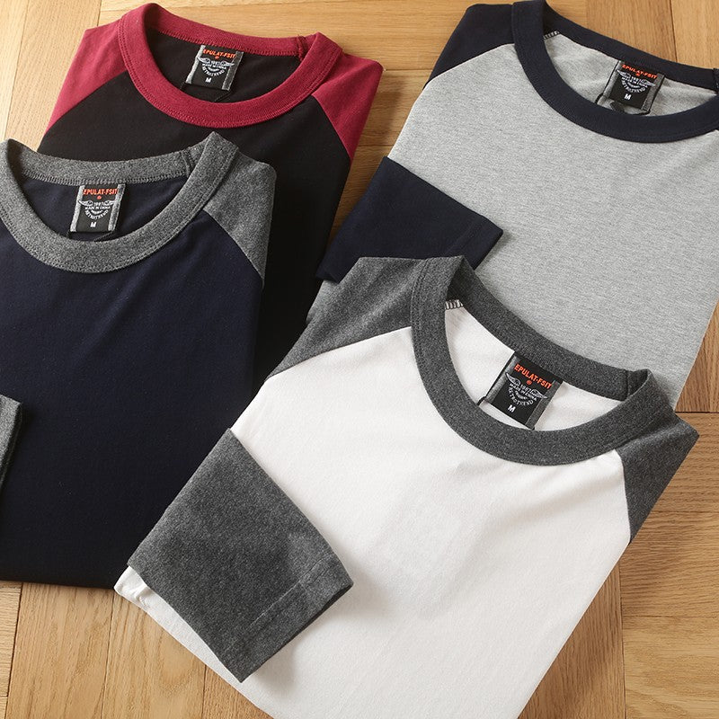 Summer New American Retro Raglan Long-sleeved O-neck Montage T-shirt Men's Fashion Simple 100%Cotton Washed Casual Sport Tops