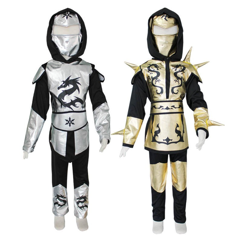 Kids Gold Sliver Dragon Ninja Cosplay Costume Boys Samurai Cosplay Hooded Pants Party Fancy Costume for Height 110-130cm