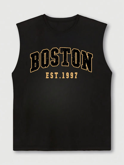 Men's summer fashion casual sports loose Boston est 1997 Print comfortable breathable round neck sleeveless vest