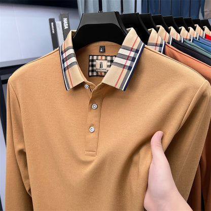 Luxury brand long sleeve polo shirt men comfortable casual autumn item silk cotton high-end Korean fashion plaid lapel T-shirt