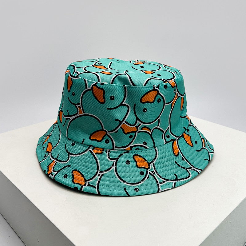New Unisex Print Yellow Duck Bucket Hats Sunshade Double Sided Wearable Fashion Cute Casual Fisherman Caps Versatile Cartoon ins