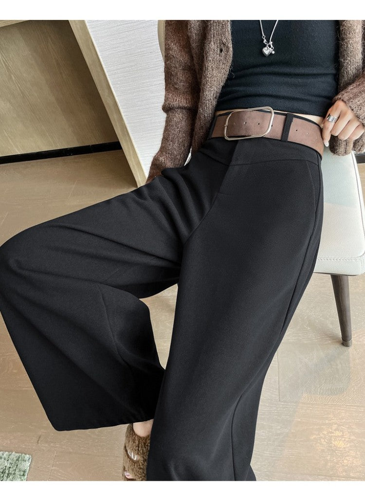 Grey Woolen Wide-leg Suit Pants Women 2025fall Winter New High-waisted Draping Straight-leg Casual Floor-length Thick Trouser