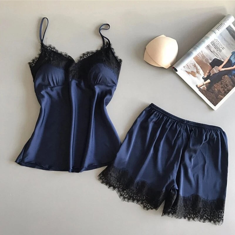 Women Pajama Suit Fashion V-Neck Lace Sexy Lingerie Pyjamas Sleep Shorts Set Sleepwear New