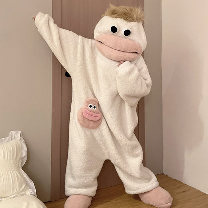 Hot Big Mouth Monster Cute Funny Onesie Pajamas Thickened Coral Fleece Homewear For Couples Men Women Autumn Cartoon Pajamas