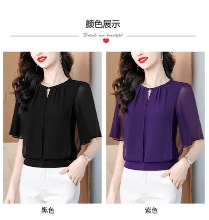 Summer Clothing Half Sleeve Chiffon Blouse 2025 New Fashion Loose Women Tops Solid Color Casual Pullovers Shirt