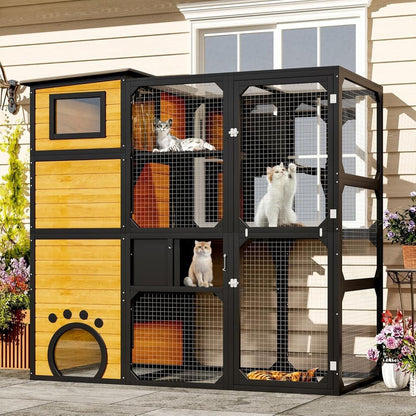 Gatil Externo de Vários Níveis, Resistente às Intempéries, com Plataformas e Quartos para Vários Gatos, Anexado à Janela, Marrom