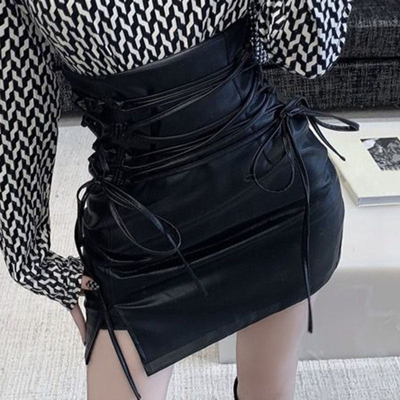 Black Leather Mini Skirts Women Gothic High Waist Slim Fit Lace Up Pencil Skirt Female Sexy Club Back Zipper Split Bag Hip Skirt
