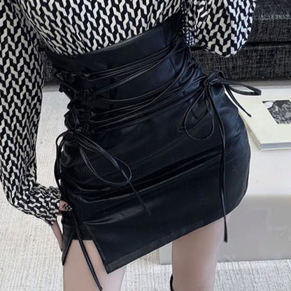 Black Leather Mini Skirts Women Gothic High Waist Slim Fit Lace Up Pencil Skirt Female Sexy Club Back Zipper Split Bag Hip Skirt