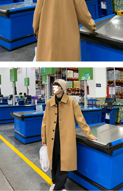 Blends Men X-long Autumn Winter Korean Style Trendy Loose Overcoats Solid Handsome All-match College Harajuku Clothing Mid-calf