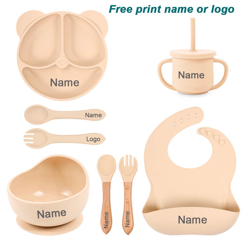 Feeding Set Silicone For Baby Sucker Bowl Dishes Plate For Kids Bear Plate Set Baby Tableware Children's Cup With Straw 8Pcs