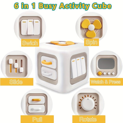6-in-1 Busy Cube Toy for Baby - Enhances Fine Motor Skills & Early Learning, White with Yellow Accents, Montessori Puzzle Toy