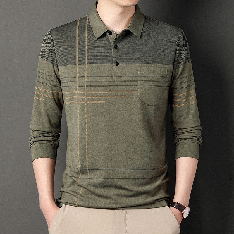New Men's Polo Shirt Long-sleeved Polos Shirt Lapel Fashion Spring and Autumn Thin Shirt Casual Loose Tops Striped Streetwear