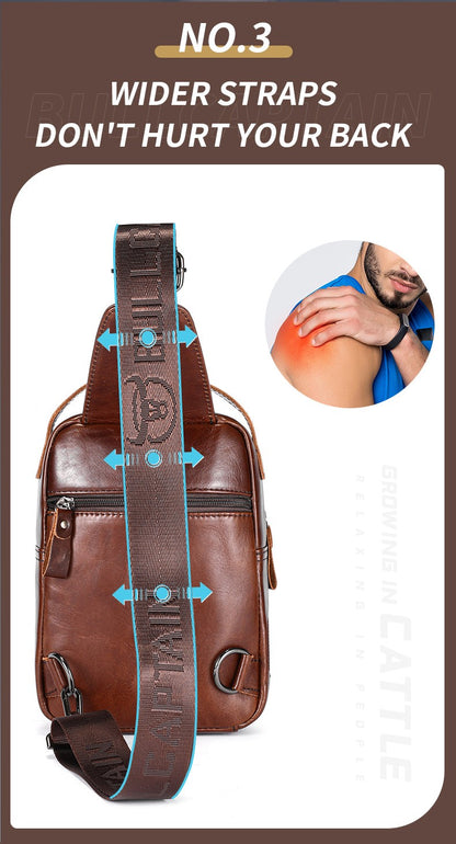 BULLCAPTAIN Men's Genuine Leather Chest Bag Casual Retro 7.9-inch Mobile Phone Bag Multifunctional Anti-Theft Crossbody Bag