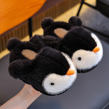 Cute Penguin Boys' Girls' Cotton Slippers 2025 New Winter Fashion Children's Eva Cotton Shoes Non Slip Warm Velvet Home Slippers