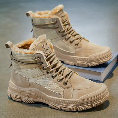 Winter Fleece Warm High-top Men's Shoes Trendy Casual Outdoor Solid Color Mid-top Fashionable Round Toe Plus-size Snow Boots