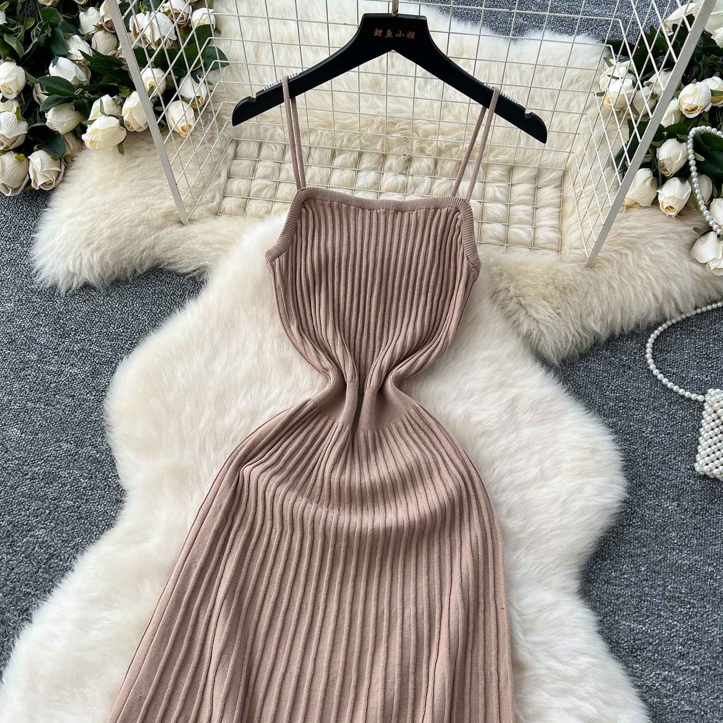 Knitted Pleated Long Dress High Waist Midi Sling Dress Elegant Sleeveless Yellow