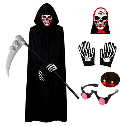 Halloween Scary Costume Grim Reaper Costume for Boys Kids Costume with Glowing Red Eyes with Gloves Mask