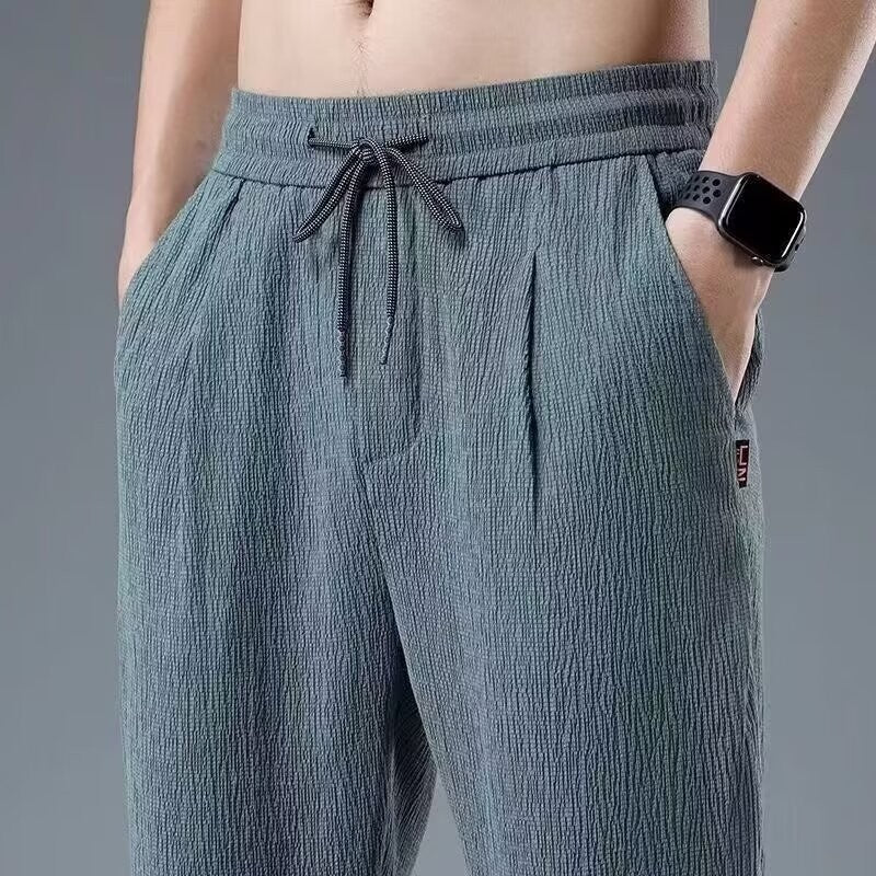 Summer Nine-minute Pants Ultra-thin Section Ice Silk Cool Trend Loose Cotton Linen Casual Pants Straight Linen Pants Men Summer