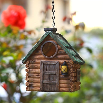 Casa de Pássaro Rústica para Jardim, Resina ABS Durável com Telhado de Madeira. Ideal para Observação de Pássaros e Decoração Externa. Não Precisa de Bateria.