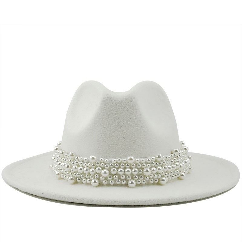 Chapéu Fedora De Lã Feminino Masculino Com Fita De Pérolas Cavalheiro Elegante Senhora Inverno Outono Aba Larga Igreja Panamá Sombrero Boné De Jazz 60CM