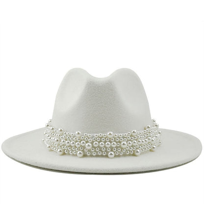 Chapéu Fedora De Lã Feminino Masculino Com Fita De Pérolas Cavalheiro Elegante Senhora Inverno Outono Aba Larga Igreja Panamá Sombrero Boné De Jazz 60CM