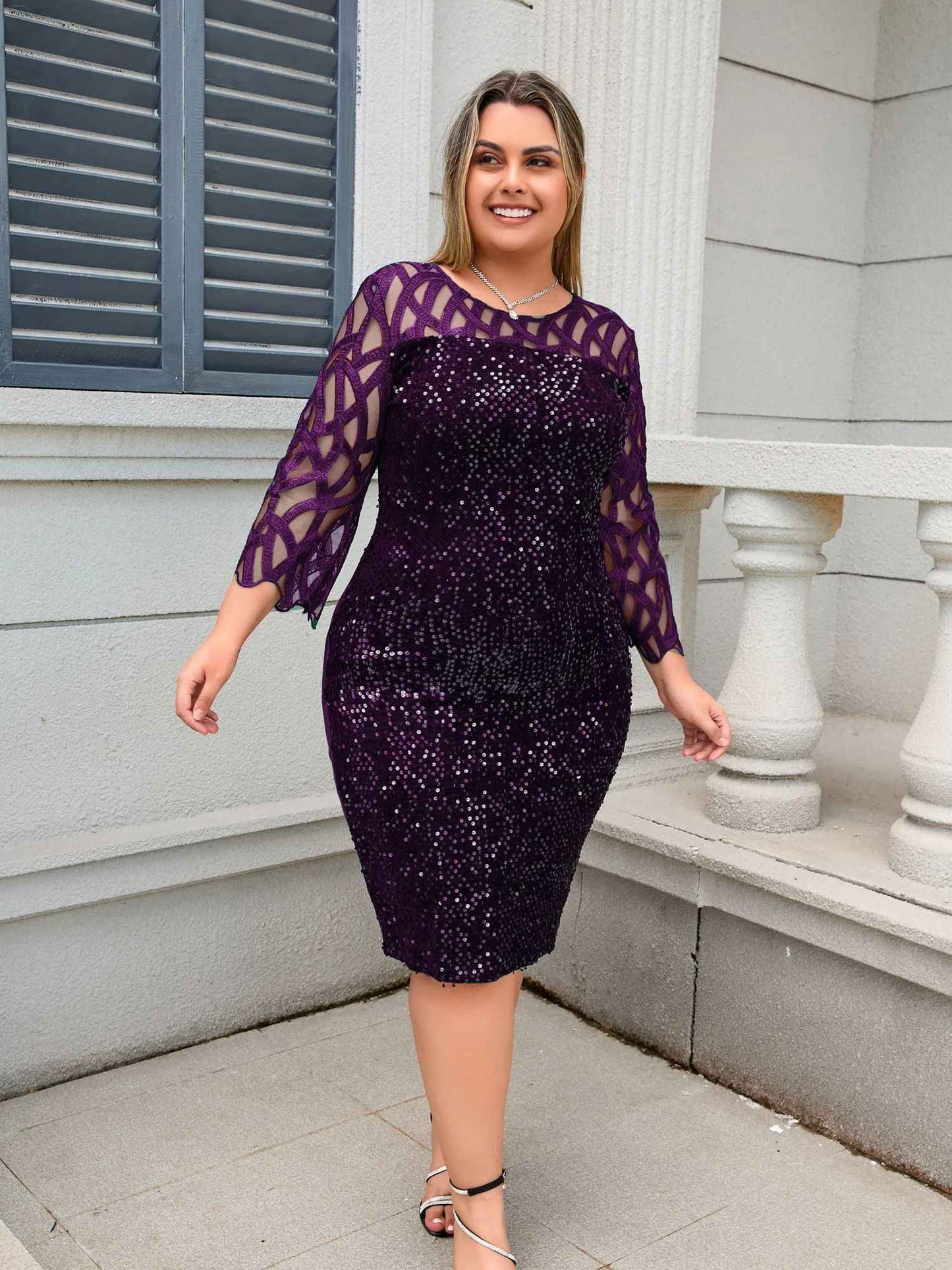 Party Dress Plus Size Ladies Midi Sequin Mesh Long Sleeve Lace Elegant Bodycon L-4XL 5XL Evening Dresses Woman Summer