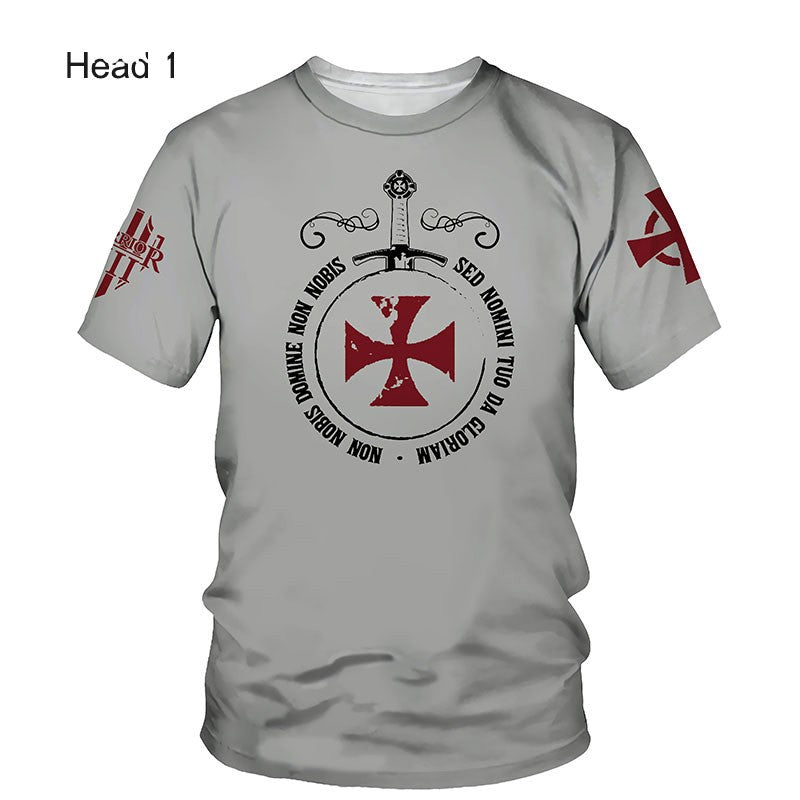 Crusader Knights Templar 3D Harajuku Print Handsome Retro Taste Fashion Personality Street Men's Round Neck Short Sleeve T-shirt