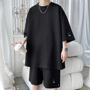 2025 3D Men's new Waffle TZ30 Summer Suit  Casual T-shirt + Shorts Suit Men's Tracksuit Solid color tracksuit loose suit