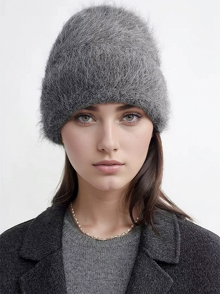 Gorros de Lã de Alpaca Fofos Femininos, Chapéu Quente de Malha, Gorro de Inverno, Cor Sólida, Outono Inverno