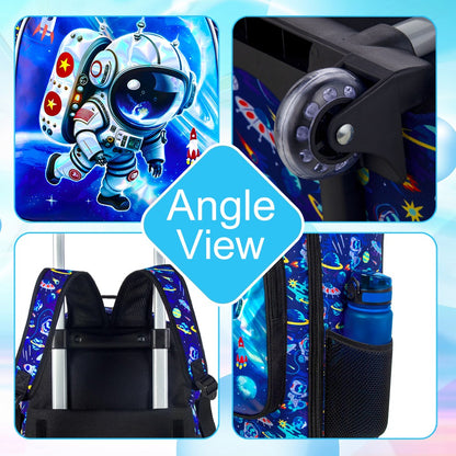 3PCS Rolling Backpack for Girls and Boys, Kids astronaut Wheeled Bookbag